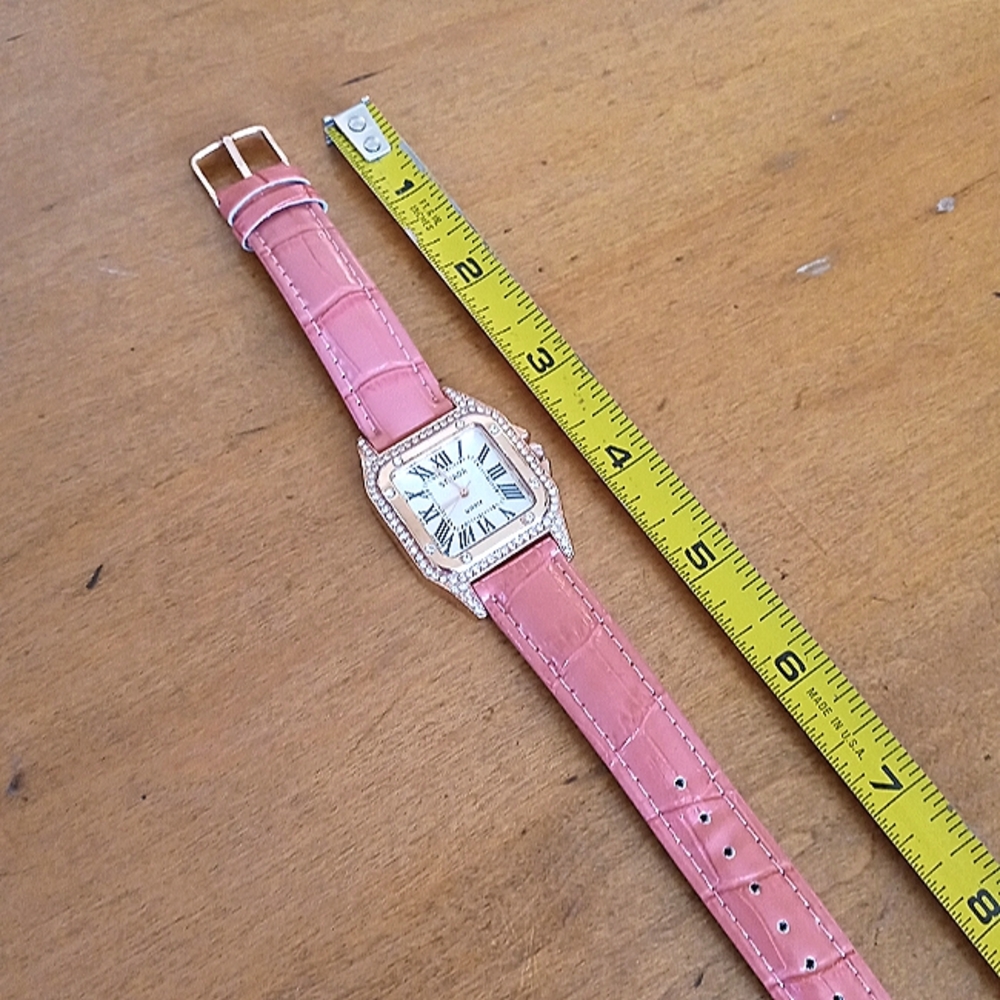 Rose gold & white crystal watch, leather strap - Picture 4 of 9